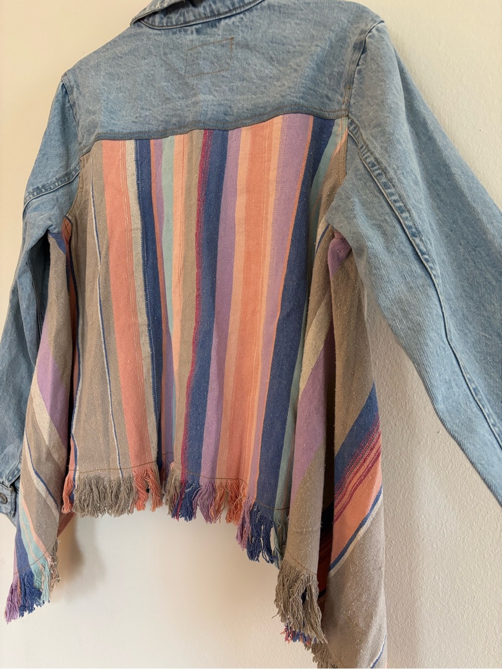 Free People Light Wash Denim Jacket with Pastel Fringe Panels - Picture 6 of 8